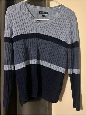 Karen Scott women’s V‑Neck Striped Cable Knit Sweater in Light and Dark Blue